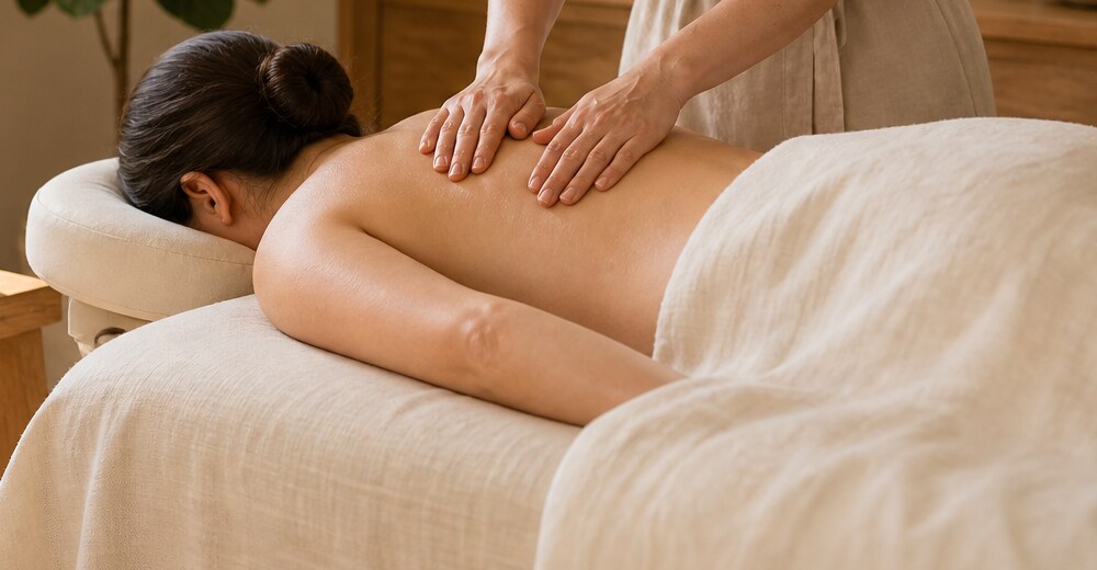 Cliënte ligt ontspannen op de massagetafel terwijl haar rug met aandacht wordt gemasseerd