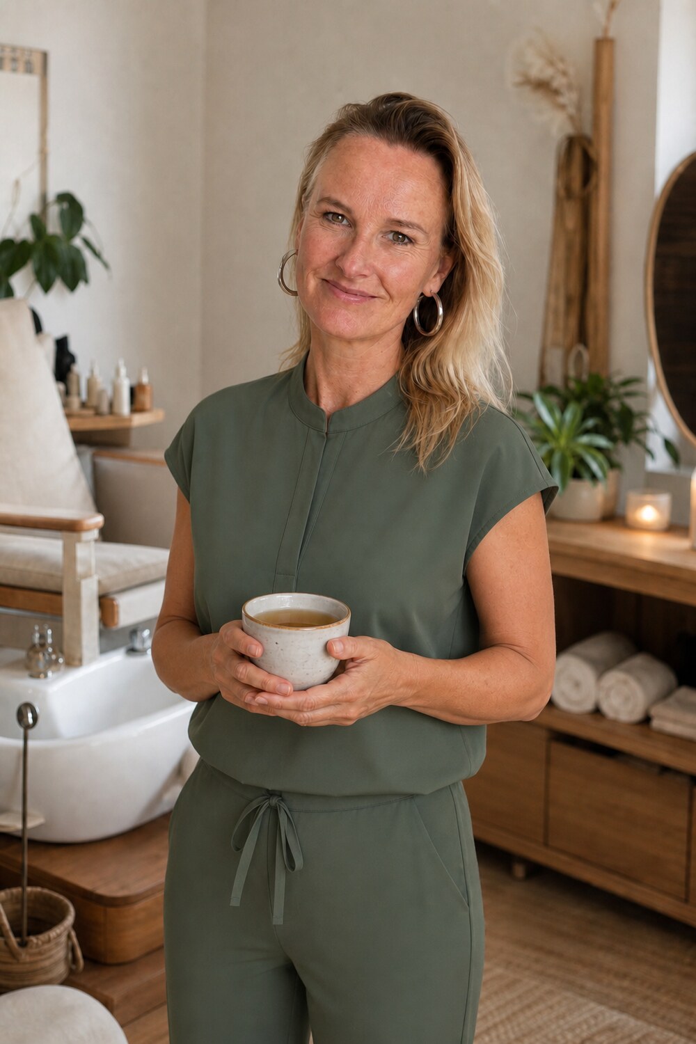 Judith Edel met een kop kruidenthee in haar praktijk